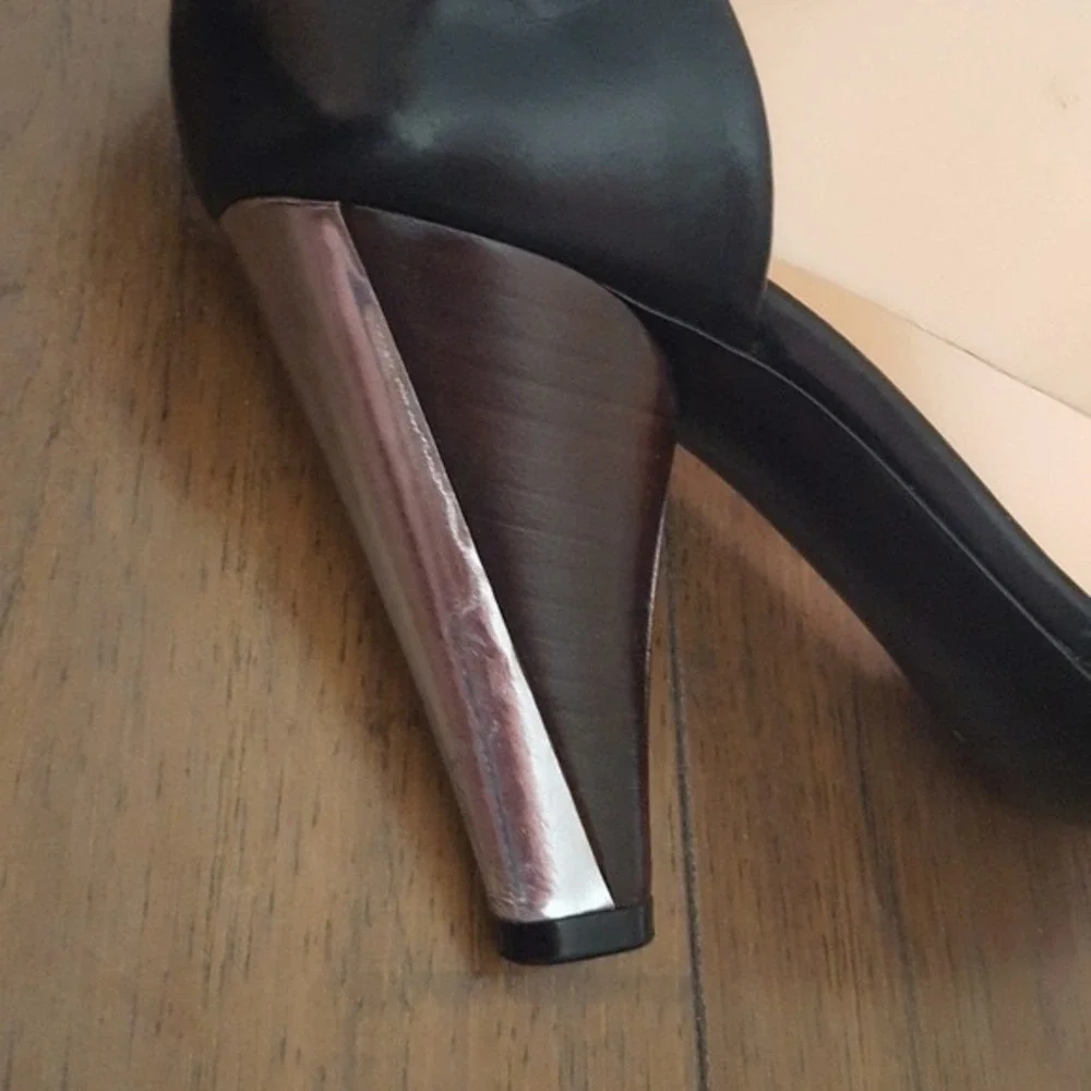 Marc by Marc Jacobs Black Silver Metallic Leather Ankle Strap Cone‎ Heels Sandal